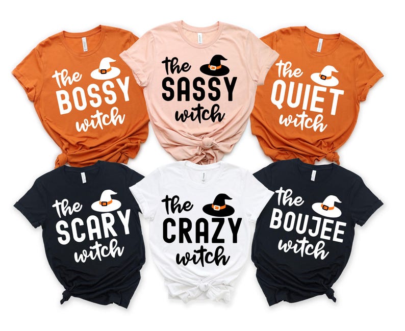 Puede incluir: Seis camisetas de manga corta en varios colores, cada una con un gr&aacute;fico de sombrero de bruja y las palabras "the Bossy witch", "the Sassy witch", "the Quiet witch", "the Scary witch", "the Crazy witch" y "the Boujee witch".
