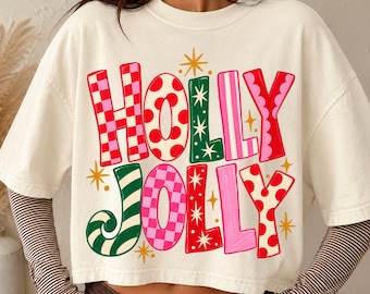 Holly Jolly Christmas PNG, Trendy Pink Colorful Christmas Design (digital download)