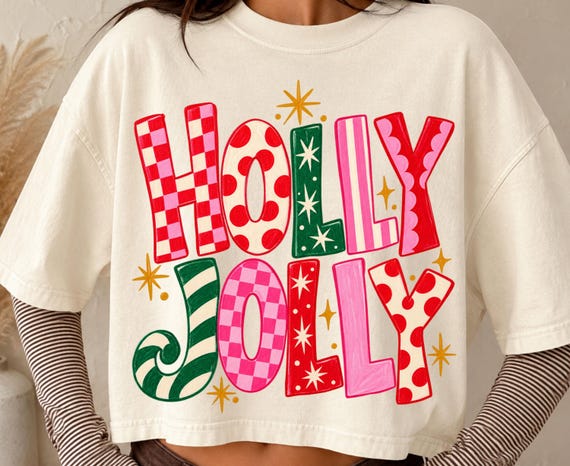 Holly Jolly Christmas PNG, Trendy Pink Colorful Christmas Design (digital download)