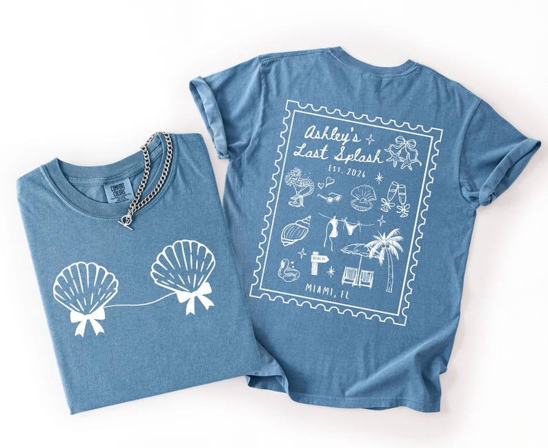 Last Splash bachelorette PNG design with seashell graphics and beach icons, girls trip shirt design with Miami Florida theme