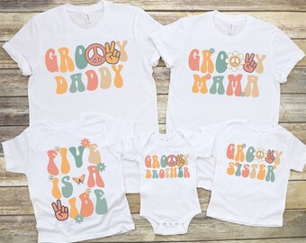 Groovy Family Birthday PNG Bundle, Retro Matching Birthday Shirts, Five Is a Vibe Design