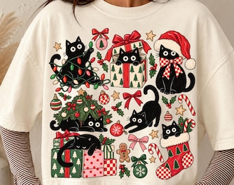 Vintage Christmas Cat Collage PNG, Czarne koty, Świąteczny projekt (pobranie cyfrowe)