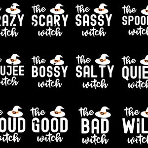 Puede incluir: Un fondo negro presenta frases en blanco como "the CRAZY witch", "the SCARY witch" y "the SASSY witch", cada una con un icono de sombrero de bruja. Otras frases incluyen "BOUJEE witch", "BOSS witch", "SALTY witch" y "QUIET witch".