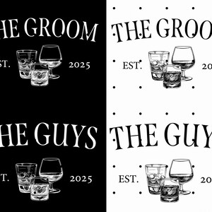 K&ouml;nnte beinhalten: Schwarzwei&szlig;-Illustration von drei Gl&auml;sern mit dem Text "THE GROOM EST. 2025" und "THE GUYS EST. 2025" auf wei&szlig;em Hintergrund.