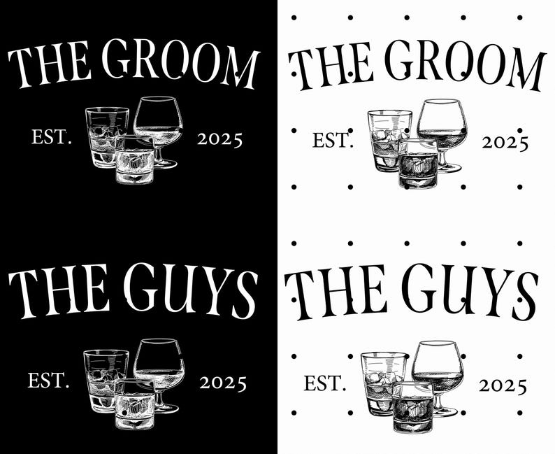 K&ouml;nnte beinhalten: Schwarzwei&szlig;-Illustration von drei Gl&auml;sern mit dem Text "THE GROOM EST. 2025" und "THE GUYS EST. 2025" auf wei&szlig;em Hintergrund.