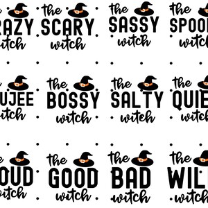 Puede incluir: Una colecci&oacute;n de dise&ntilde;os de texto en blanco y negro con ilustraciones de sombreros de bruja. Los dise&ntilde;os muestran las palabras "Crazy", "Scary", "Sassy", "Spooky", "Boujee", "Bossy", "Salty", "Quiet", "Loud", "Good", "Bad" y "Wild".