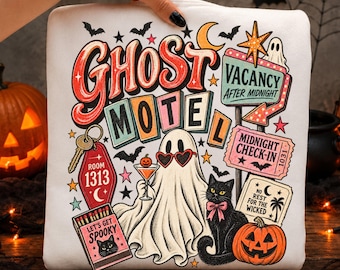 Retro Ghost Motel Halloween PNG, Spooky Design (Digital Download)