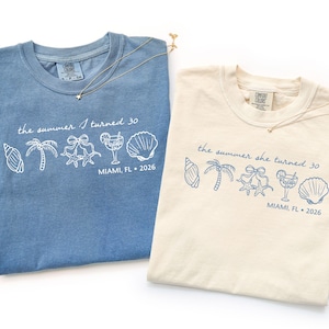 The summer I turned birthday shirt design with beach icons custom age and Miami Florida location for coastal trip