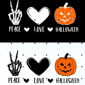 K&ouml;nnte beinhalten: Schwarz-wei&szlig;e Halloween-Grafik mit einer Skeletthand, die ein Friedenszeichen zeigt, einem Herz und einem K&uuml;rbis. Die W&ouml;rter "PEACE", "LOVE" und "HALLOWEEN" sind darunter geschrieben.