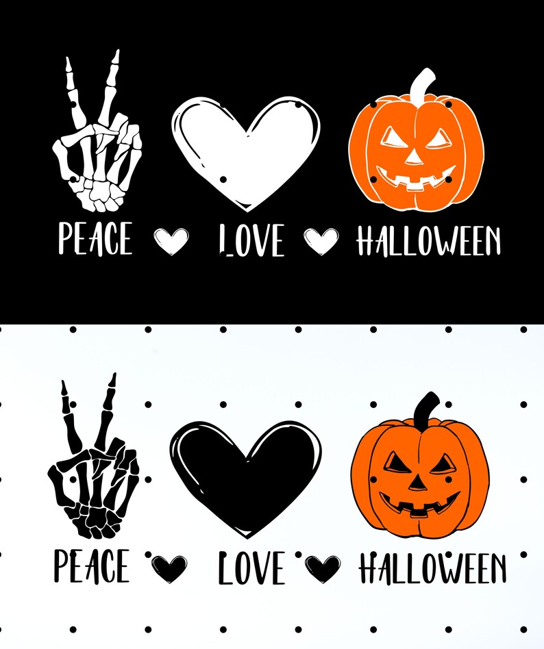 K&ouml;nnte beinhalten: Schwarz-wei&szlig;e Halloween-Grafik mit einer Skeletthand, die ein Friedenszeichen zeigt, einem Herz und einem K&uuml;rbis. Die W&ouml;rter "PEACE", "LOVE" und "HALLOWEEN" sind darunter geschrieben.