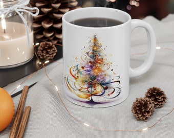 Christmas Tree Mug, Tree and Ornaments, Abstract Tree, Seasonal Gift, Coworker Christmas Gift