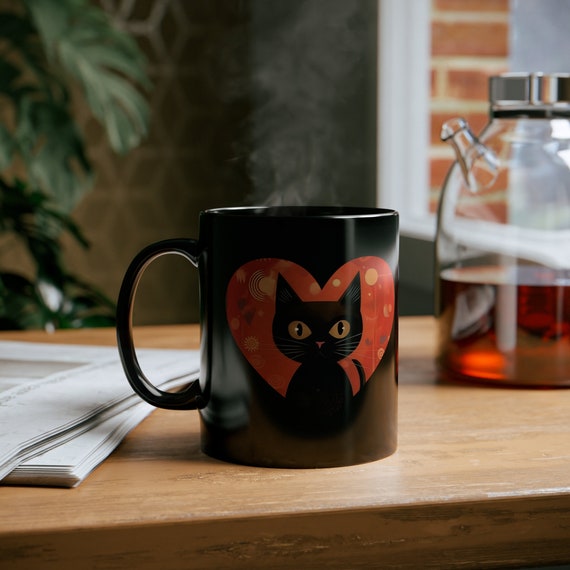 黒猫マグカップ：レトロハート型セラミックコーヒーカップ（11オンス 