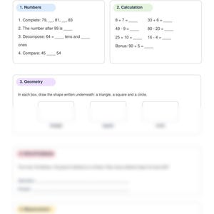Può includere: Una scheda di esercizi di matematica per la prima elementare intitolata Spiral Review - Week 1, Wednesday. Include sezioni per numeri, calcoli e geometria con spazi per nome e data, oltre a problemi matematici su sequenze, somme e forme.