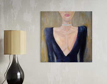 Women art Original acrylic painting Woman on canvas Woman with white necklase art Handmade wall decor Bedroom decor Feminen unique art