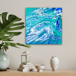 Original Acrylic Fluid Art - Blue and Turquoise Painting on 16x16 Gallery Wrapped Canvas
