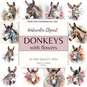 Donkey Flowers Clipart Watercolor - 12 Unique High Resolution JPGs - Donkey Crafts - Digital Download - Nursery Donkey Watercolor floral