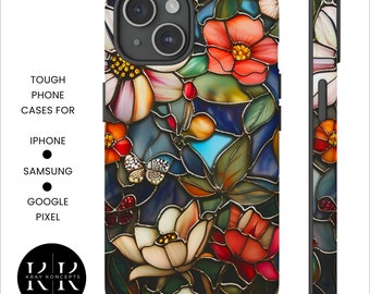 Aesthetic Floral Stained Glass Phone Case Artistic Flowers Phone Case Floral iPhone Case 15 14 13 12 11 Pro Max Plus Samsung S24 Ultra Pixel