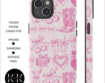 Toile De Jouy Coquette Phone Case, Cute French Toile Pink Collage Aesthetic iPhone 15 14 13 12 11 Pro Max Plus Samsung S24 S23 Ultra Pixel 8