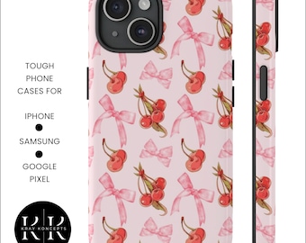 Aesthetic Coquette Phone Case With Cherries Pink Bows Coquette iPhone 15 14 13 12 11 Pro Max 8 Plus X Samsung Galaxy S24 S23 S22 Ultra Pixel