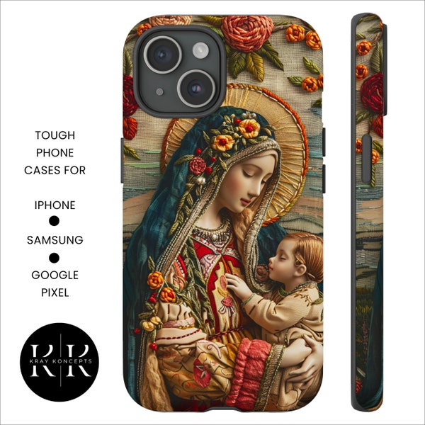 Virgin Mary Phone Case Christian Phone Case 3D Faux Embroidered Religious Catholic Virgin Mary iPhone 15 Pro Max Plus 14 13 12 Samsung Pixel