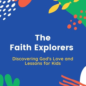 Op de afbeelding: Een blauwe en gele illustratie van een duif met een olijftak in zijn bek. De tekst "The Faith Explorers" is wit en de tekst "Discovering God's Love and Lessons for Kids" is geel. De tekst "JoyfullyMelShop" is wit op een gele achtergrond.