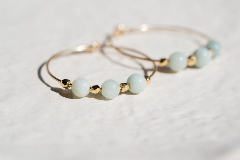 Gold Filled Hoop Earrings with Aquamarine Gemstones image 1