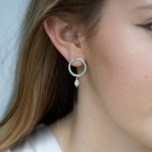 Handmade Hammered Recycled Silver and Pearl Dangly Earrings