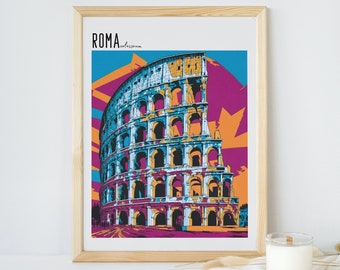 May include: A colorful illustration of the Colosseum in Rome, Italy. The Colosseum is depicted in a vibrant blue, yellow, and pink color scheme. The text "ROMA colosseum" is displayed at the top of the image.