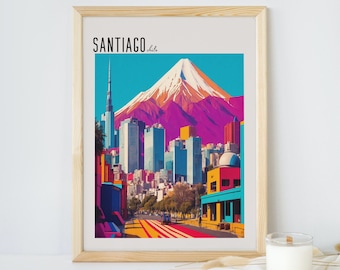 May include: A framed print of a colorful illustration of Santiago, Chile. The illustration features a cityscape with a mountain in the background. The text "SANTIAGO chile" is printed in black at the top of the print.