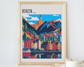 Popart druckbare Kunst -Bergen - Norwegen - Digitaler Download - Städte