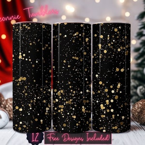 Involucro dal design del bicchiere senza cuciture glitter nero e oro, sublimazione del bicchiere skinny da 20 once, bicchiere dritto, PNG a download istantaneo