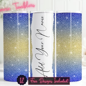 Add Your Own Name/Text blue & gold gradient glitter seamless tumbler design wrap, 20 oz Skinny Tumbler Sublimation, Instant Download PNG