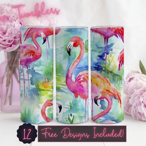 Bright watercolor flamingos seamless tumbler design wrap, 20 oz Skinny Tumbler Sublimation, Straight Tumbler, Instant Download PNG