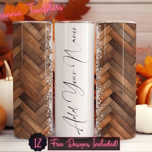 Add Your Own Name/Text herringbone wood seamless tumbler design wrap, 20 oz Skinny Tumbler Sublimation, Instant Download PNG