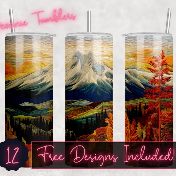 Embroidered fall mountain scene Tumbler Design wrap, 20 oz Skinny Tumbler Sublimation, Straight Tumbler, Instant Download PNG