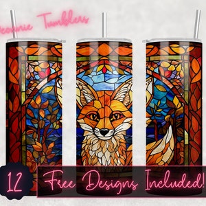 Stained glass fox tumbler design wrap, 20 oz Skinny Tumbler Sublimation, Straight Tumbler, Instant Download PNG