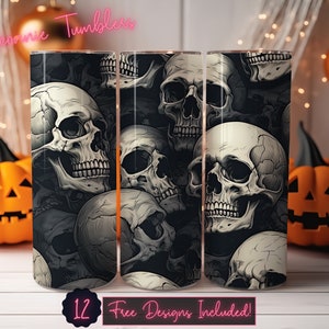 Skull seamless tumbler design wrap, 20 oz Skinny Tumbler Sublimation, Straight Tumbler, Instant Download PNG
