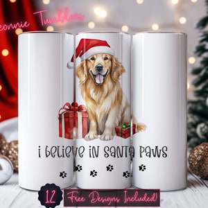 I believe in Santa Paws golden retriever seamless tumbler design wrap, 20 oz Skinny Tumbler Sublimation, Instant Download PNG