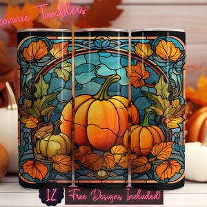 Stained glass pumpkins tumbler design wrap, 20 oz Skinny Tumbler Sublimation, Straight Tumbler, Instant Download PNG