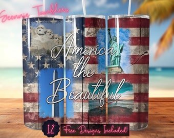 America the Beautiful Tumbler Design wrap, 20 oz Skinny Tumbler Sublimation, Straight Tumbler, Instant Download PNG