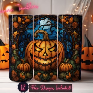 Stained glass jack-o&#39;-lantern Halloween seamless tumbler design wrap, 20 oz Skinny Tumbler Sublimation, Straight Tumbler, Instant Download