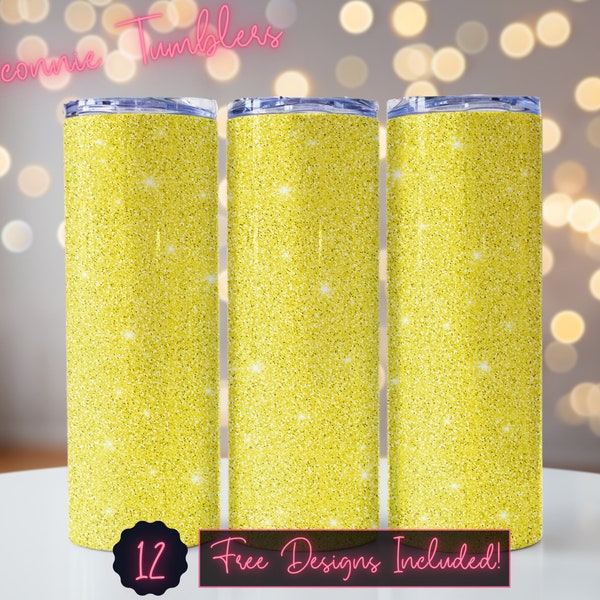 Yellow glitter seamless tumbler design wrap, 20 oz Skinny Tumbler Sublimation, Straight Tumbler, Instant Download PNG