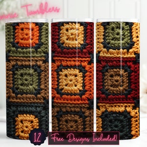 Vintage granny square afghan seamless tumbler design wrap, 20 oz Skinny Tumbler Sublimation, Straight Tumbler, Instant Download PNG