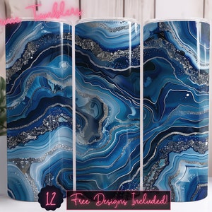 Blue and silver geode seamless tumbler design wrap, 20 oz Skinny Tumbler Sublimation, Straight Tumbler, Instant Download PNG