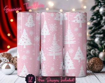 Retro Pink and White Christmas trees seamless tumbler design wrap, 20 oz Skinny Tumbler Sublimation, Instant Download PNG