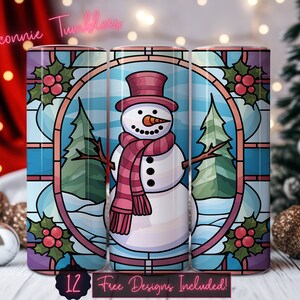 Stained glass snowman tumbler design wrap, 20 oz Skinny Tumbler Sublimation, Straight Tumbler, Instant Download PNG