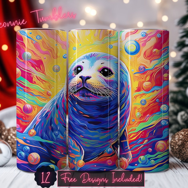 Rainbow harbor seal tumbler design wrap, 20 oz Skinny Tumbler Sublimation, Instant Download PNG