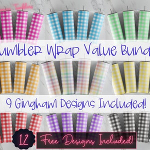 Bundle of 9 gingham seamless Tumbler Design wraps, 20 oz Skinny Tumbler Sublimation, Straight Tumbler, Instant Download PNG
