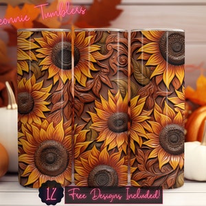 Tooled leather sunflowers seamless tumbler design wrap, 20 oz Skinny Tumbler Sublimation, Straight Tumbler, Instant Download PNG