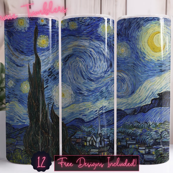 Starry Night Van Gogh painting tumbler design wrap, 20 oz Skinny Tumbler Sublimation, Straight Tumbler, Instant Download PNG